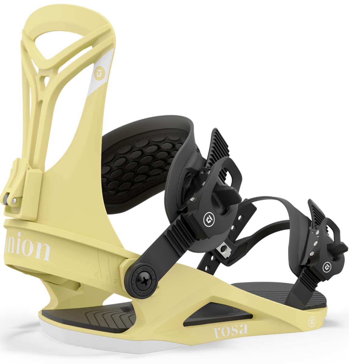 Union Women's Rosa Snowboard Binding - A light yellow snowboard binding with a black strap and buckle, featuring a textured pattern on the baseplate.