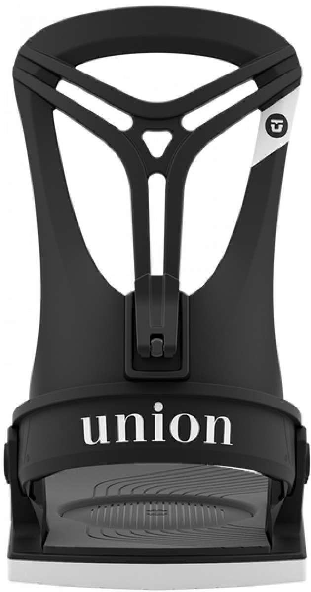 Union Women's Rosa Snowboard Binding - A black snowboard binding with a white logo on the top strap and a textured footbed.