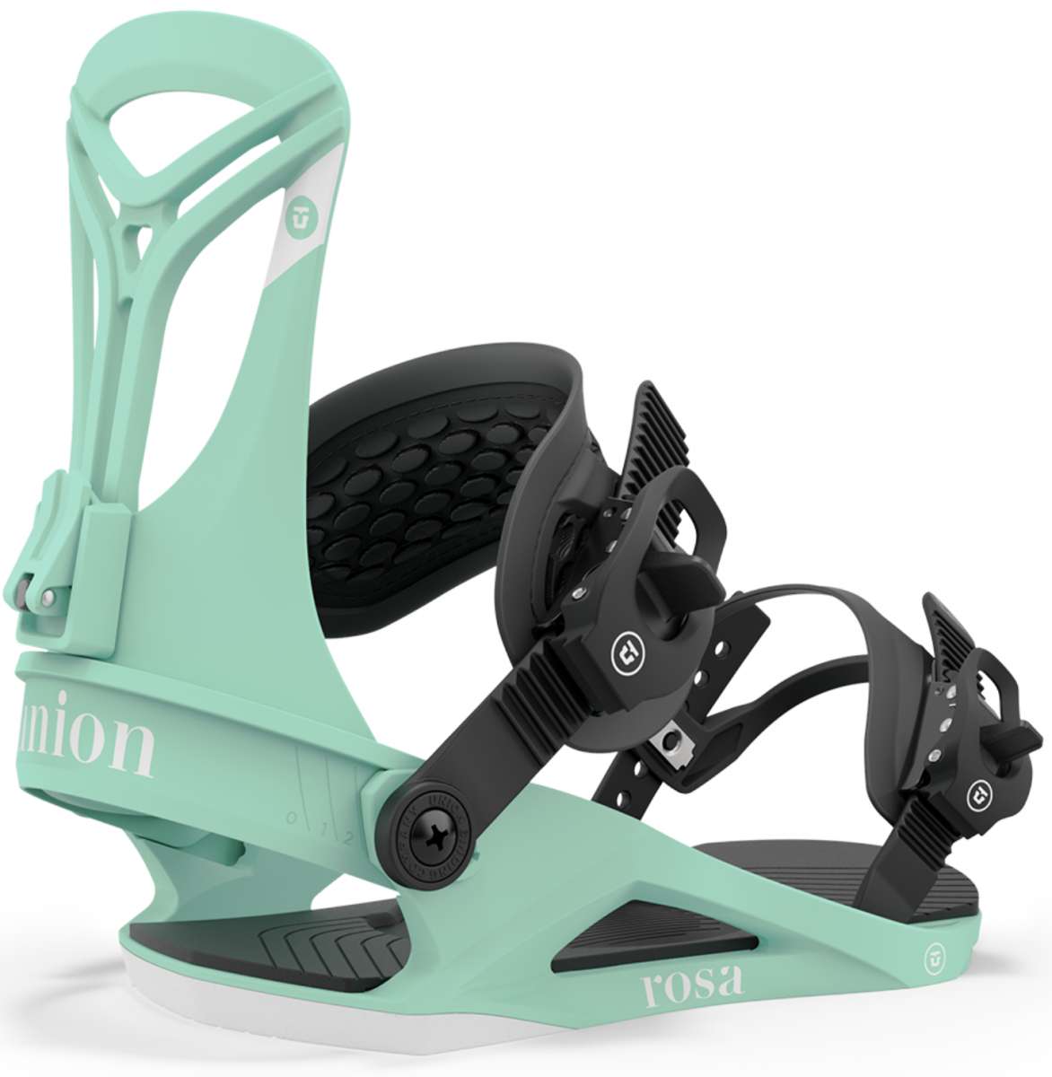 Union Women's Rosa Snowboard Binding - A mint green snowboard binding with black buckles and straps, featuring a textured pattern on the footbed.