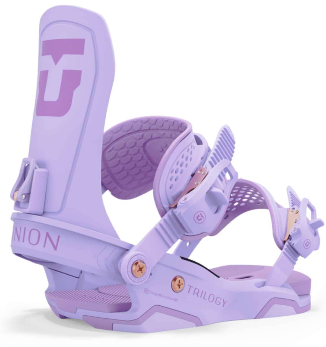Union Women's Trilogy Snowboard Binding - A light purple snowboard binding with a large "U" logo on top of the footbed, featuring rose gold buckles and screws.