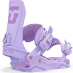Union Women's Trilogy Snowboard Binding - A light purple snowboard binding with a large "U" logo on top of the footbed, featuring rose gold buckles and screws.
