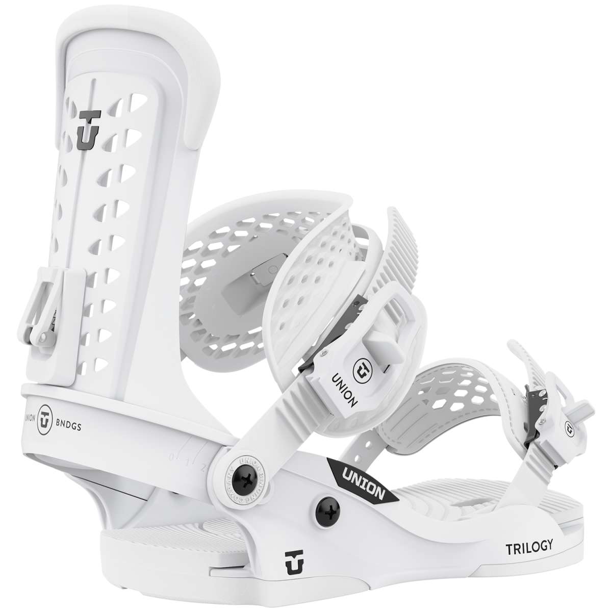 Union Women's Trilogy Snowboard Bindings 2023 - White bindings with black buckles and straps.