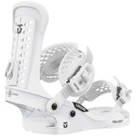 Union Women's Trilogy Snowboard Bindings 2023 - White bindings with black buckles and straps.
