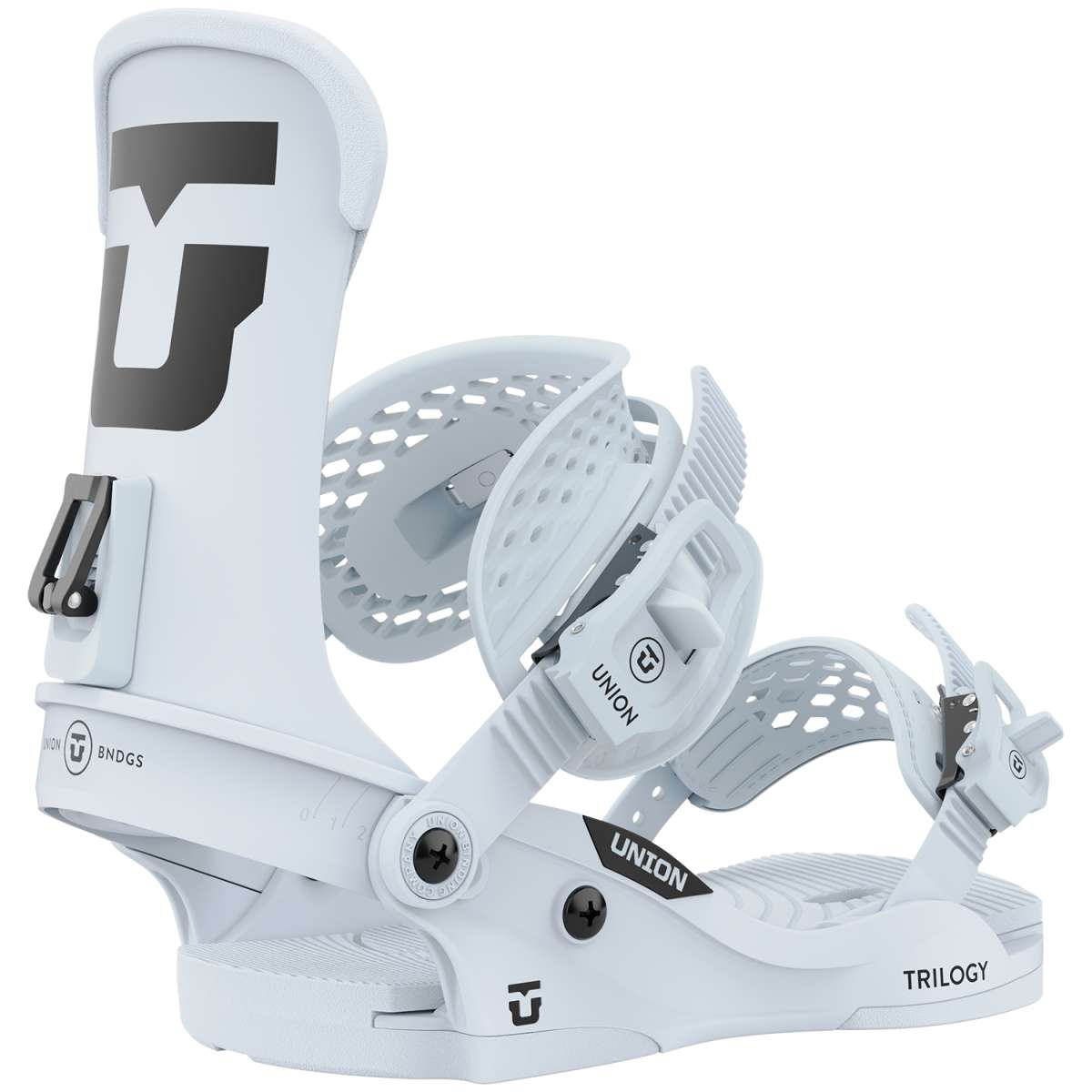 Union Women's Trilogy Snowboard Bindings 2023 - White bindings with black logo on top of left binding and black screws.