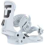 Union Women's Trilogy Snowboard Bindings 2023 - White bindings with black logo on top of left binding and black screws.
