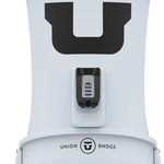 Union Women's Trilogy Snowboard Bindings 2023 - A pair of snowboard bindings with a sleek black base and silver buckles.