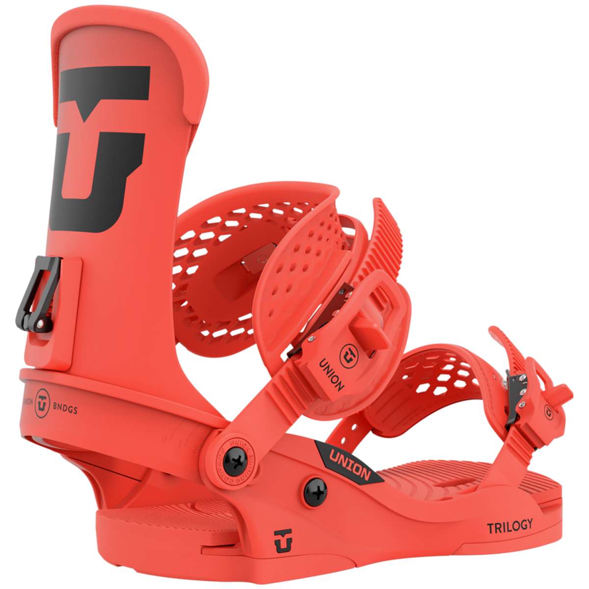 Union Women's Trilogy Snowboard Bindings - A pair of snowboard bindings with a black logo on the top left side and a black strap buckle.