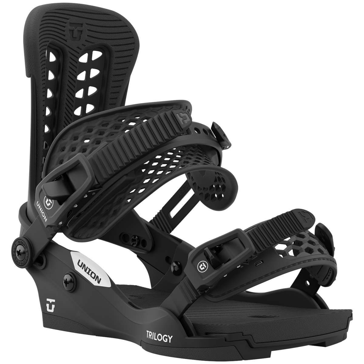 Union Women's Trilogy Snowboard Bindings 2023 - Black bindings with a textured pattern on the straps and buckles.
