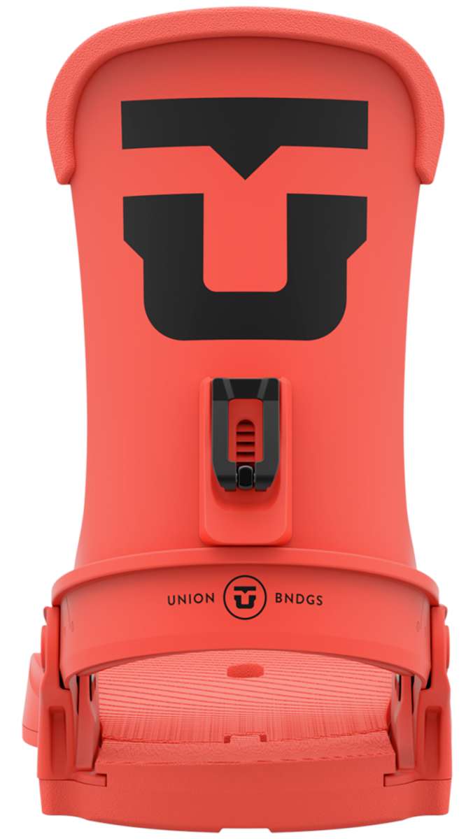 Union Women's Trilogy Snowboard Bindings 2023 - A coral-colored snowboard binding with a black logo on top and a textured strap.
