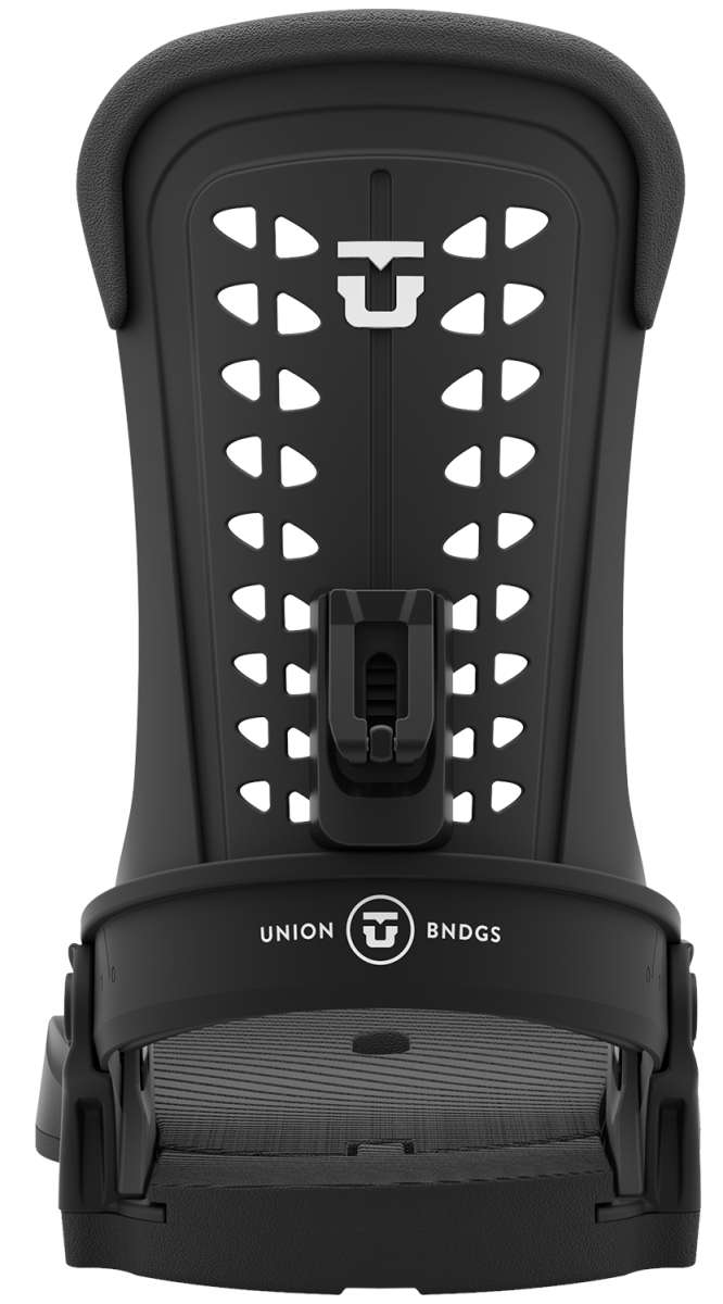 Union Women's Trilogy Snowboard Bindings 2023 - A black snowboard binding with a white logo on top and a textured strap at the bottom.