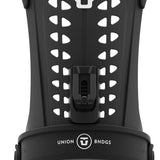 Union Women's Trilogy Snowboard Bindings 2023 - A black snowboard binding with a white logo on top and a textured strap at the bottom.