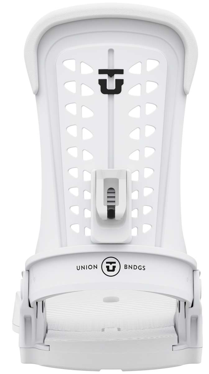 Union Women's Trilogy Snowboard Bindings - White bindings with black logos and buckles, featuring a sleek design on a solid white background.