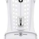 Union Women's Trilogy Snowboard Bindings - White bindings with black logos and buckles, featuring a sleek design on a solid white background.