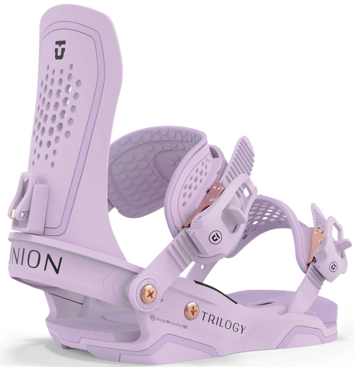 Union Women's Trilogy Snowboard Bindings 2024 - A pair of light purple snowboard bindings with a textured pattern on the straps and rose gold buckles.
