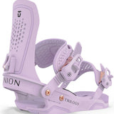 Union Women's Trilogy Snowboard Bindings 2024 - A pair of light purple snowboard bindings with a textured pattern on the straps and rose gold buckles.