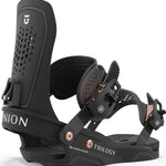 Union Women's Trilogy Snowboard Bindings 2024 - Black bindings with white lettering and rose gold screws.