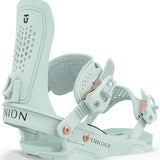Union Women's Trilogy Snowboard Bindings 2024 - A pair of light blue snowboard bindings with rose gold buckles and a textured footbed.