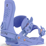 Union Women's Trilogy Snowboard Bindings 2024 - A pair of light blue snowboard bindings with a textured pattern on the straps and rose gold buckles.