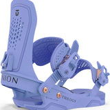 Union Women's Trilogy Snowboard Bindings 2024 - A pair of light blue snowboard bindings with a textured pattern on the straps and rose gold buckles.