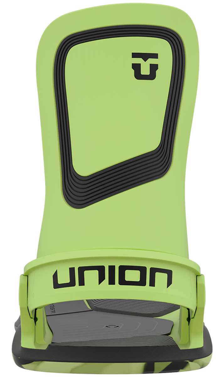 Union Women's Ultra Snowboard Binding 2024 - A lime green snowboard binding with a black logo on top and a gray base plate.