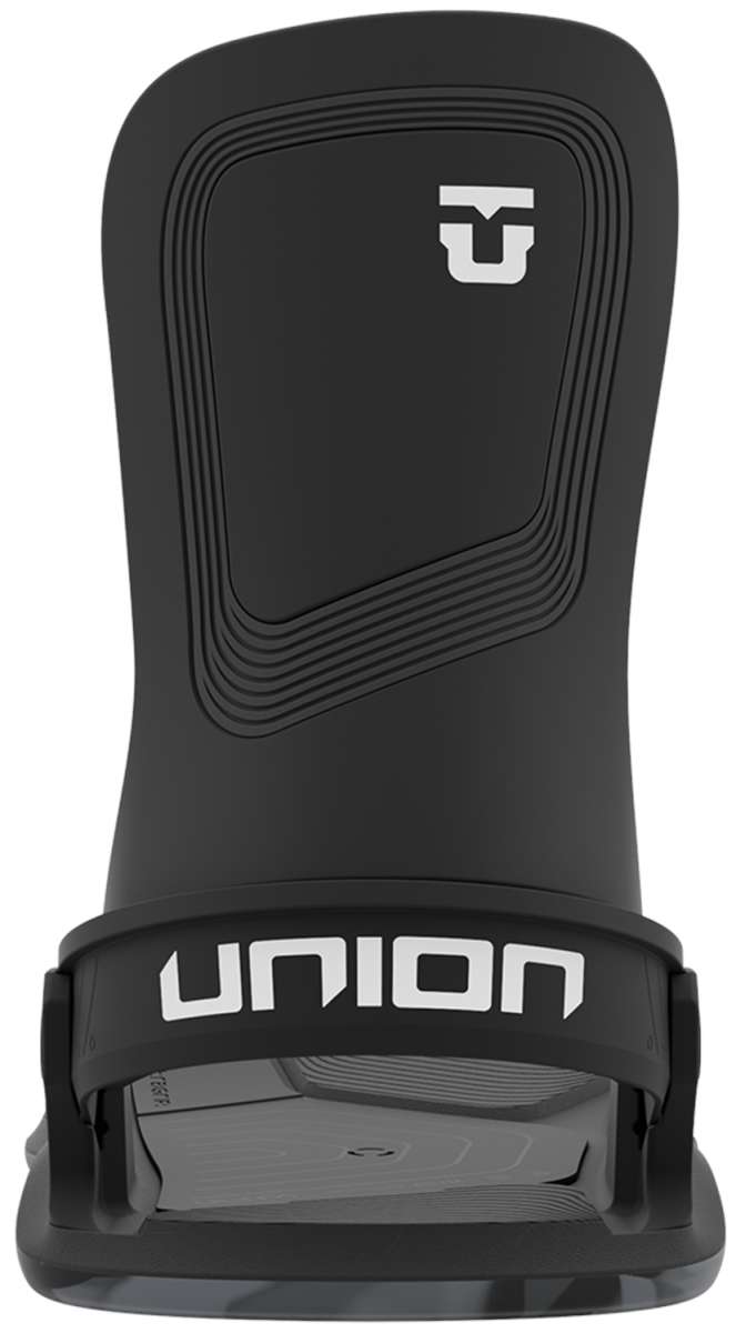 Union Women's Ultra Snowboard Binding 2024 - A black snowboard binding with a white logo on top and a clear plastic strap at the bottom.