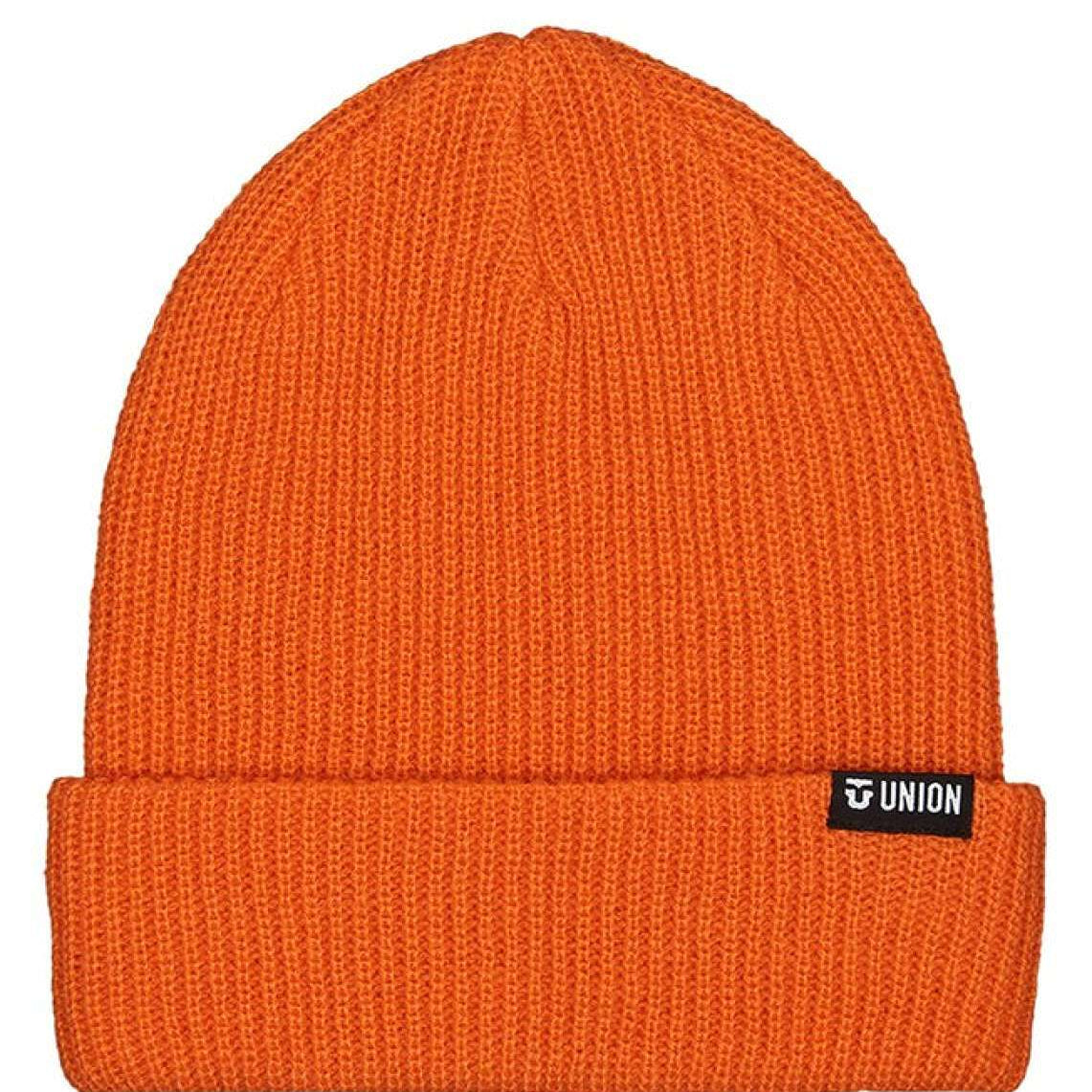Union Low Cuff Beanie 2023 - A burnt orange beanie with a black label featuring the word "UNION" in white letters.