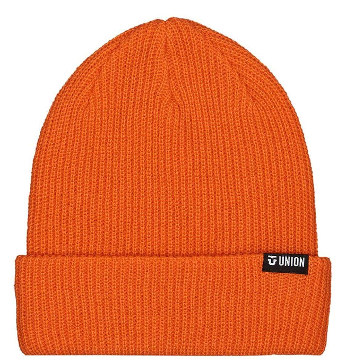 Union Low Cuff Beanie 2023 - A burnt orange beanie with a black label featuring the word "UNION" in white letters.
