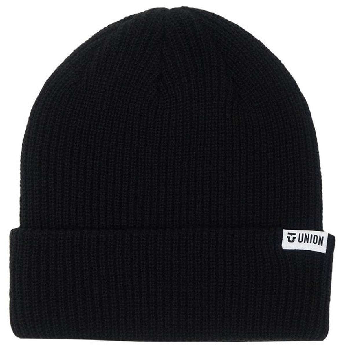 Union Low Cuff Beanie 2024 - A black beanie with a white label on the cuff featuring the word "UNION" in black letters.