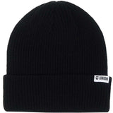 Union Low Cuff Beanie 2024 - A black beanie with a white label on the cuff featuring the word "UNION" in black letters.
