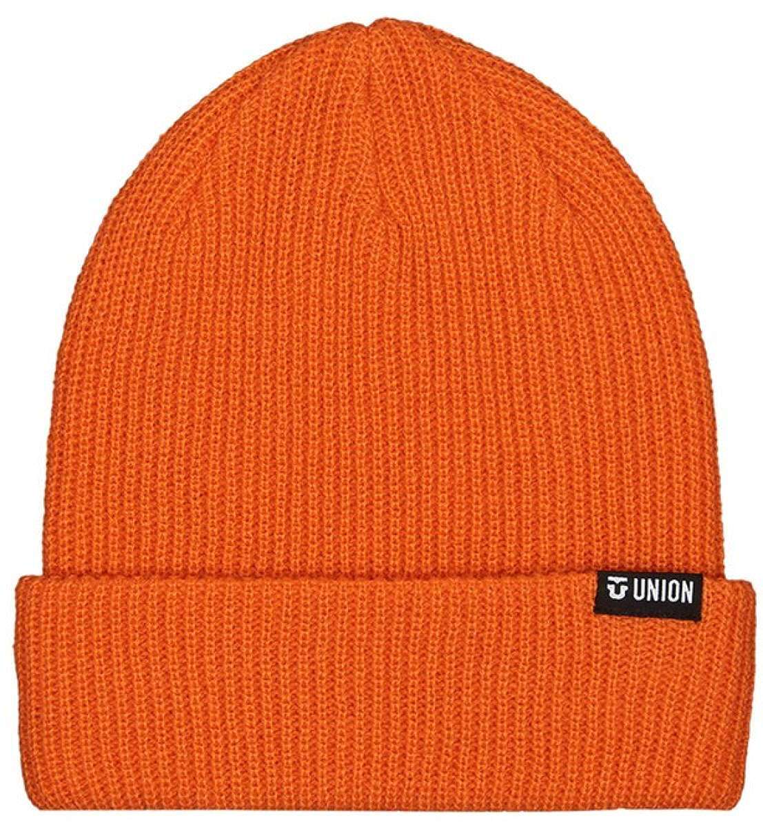 Union Low Cuff Beanie 2024 - A burnt orange beanie with a black label featuring the word "UNION" in white letters.