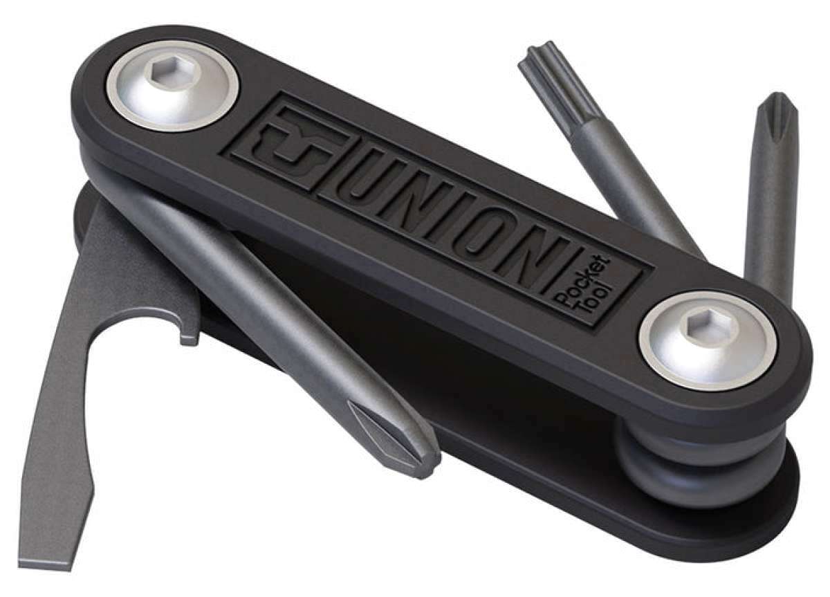 Union Pocket Tool - A black multi-tool with a small pocket clip on top, featuring a fold-out design and various tools including pliers, screwdrivers, and knives.