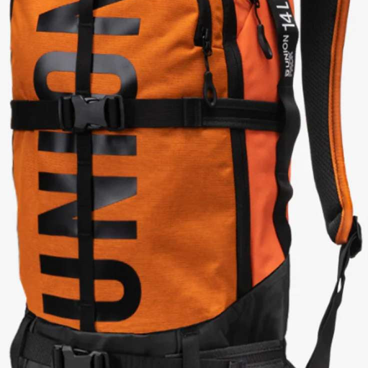 Union Resort Backpack 14L 2024 - Orange backpack with black straps, zipper and buckles.