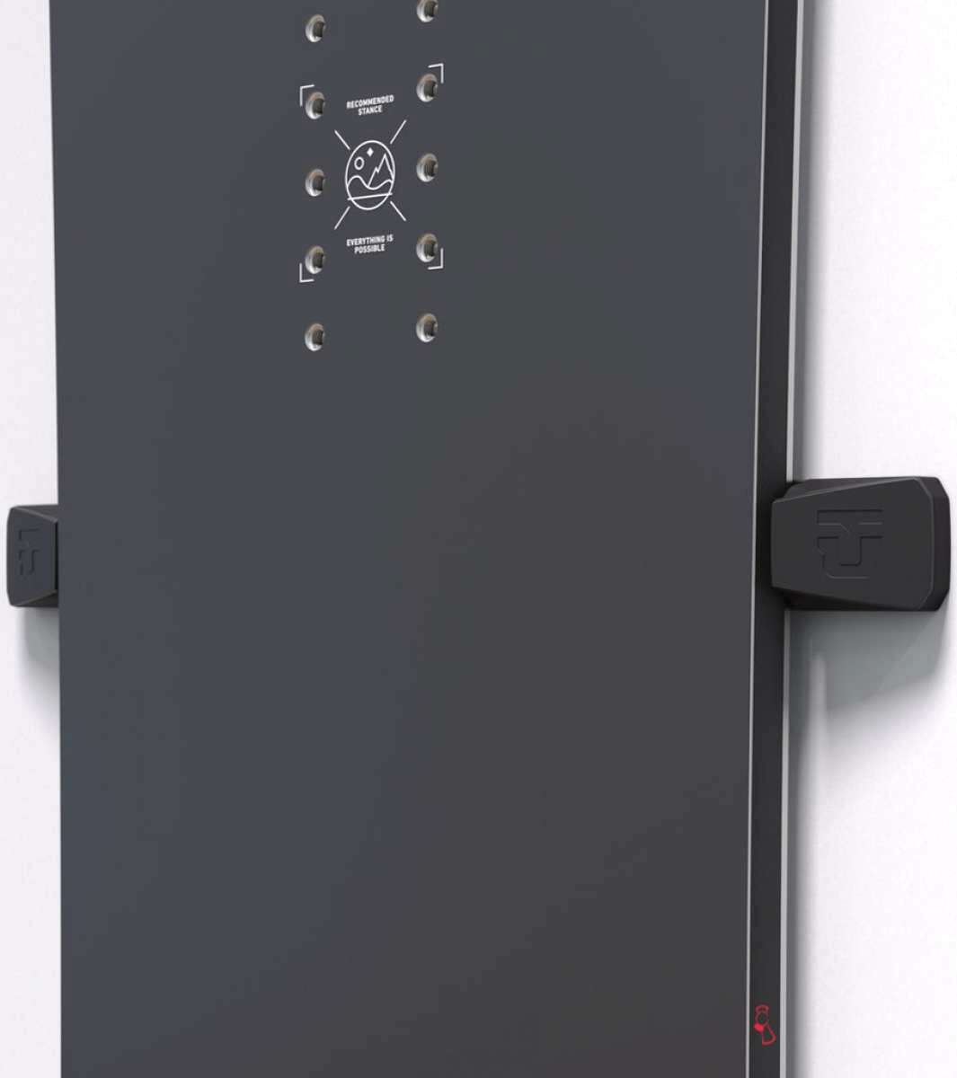 Union Snowboard Wall Mount 2023-2024 - A black metal wall mount with a circular logo and two screws on top, attached to a white background.