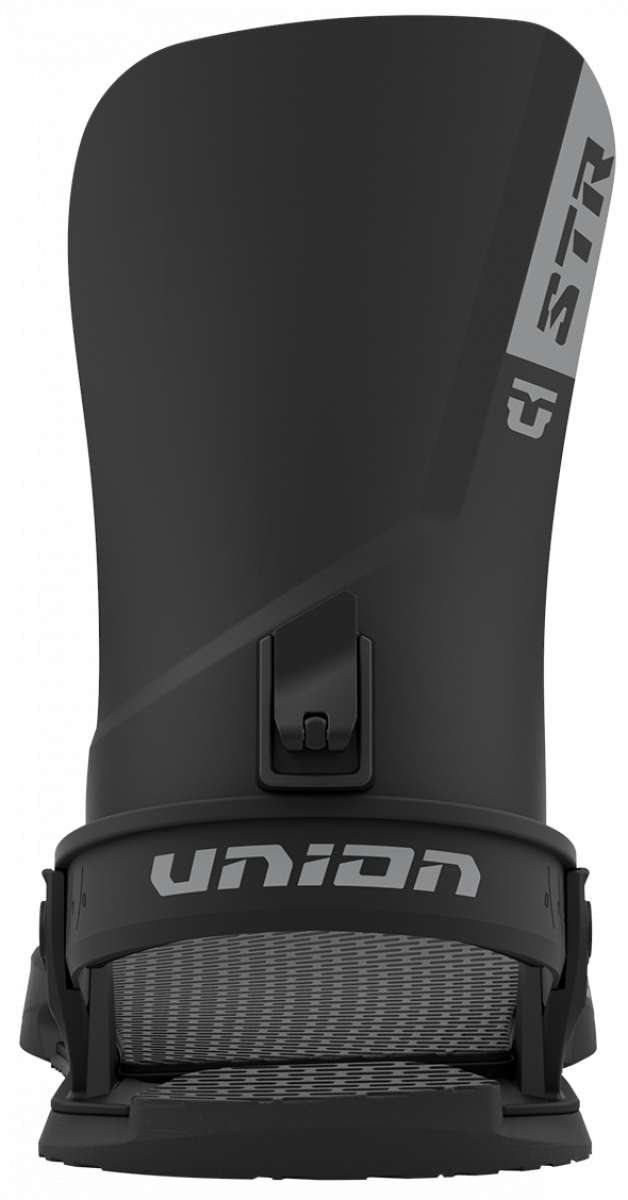 Union STR Snowboard Binding 2024 - Black snowboard bindings with silver buckles and straps.