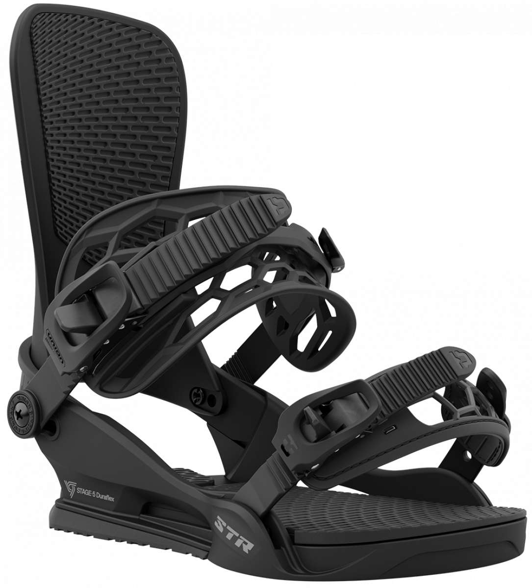 Union STR Snowboard Binding 2024 - Black snowboard bindings with a sleek, modern design and silver hardware.