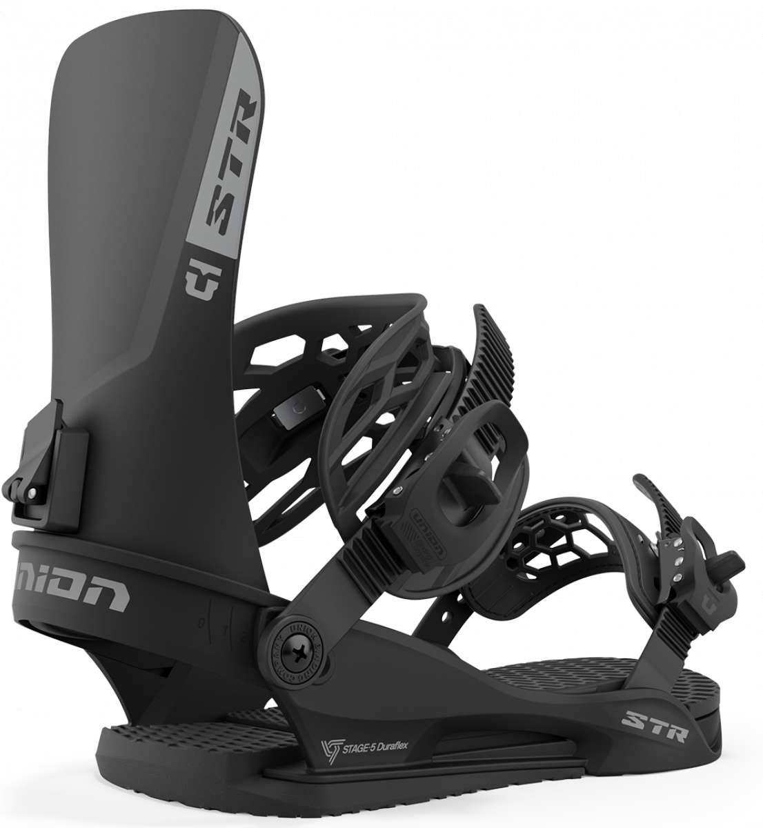 Union STR Snowboard Binding 2024 - Black snowboard bindings with a sleek, modern design and silver hardware.