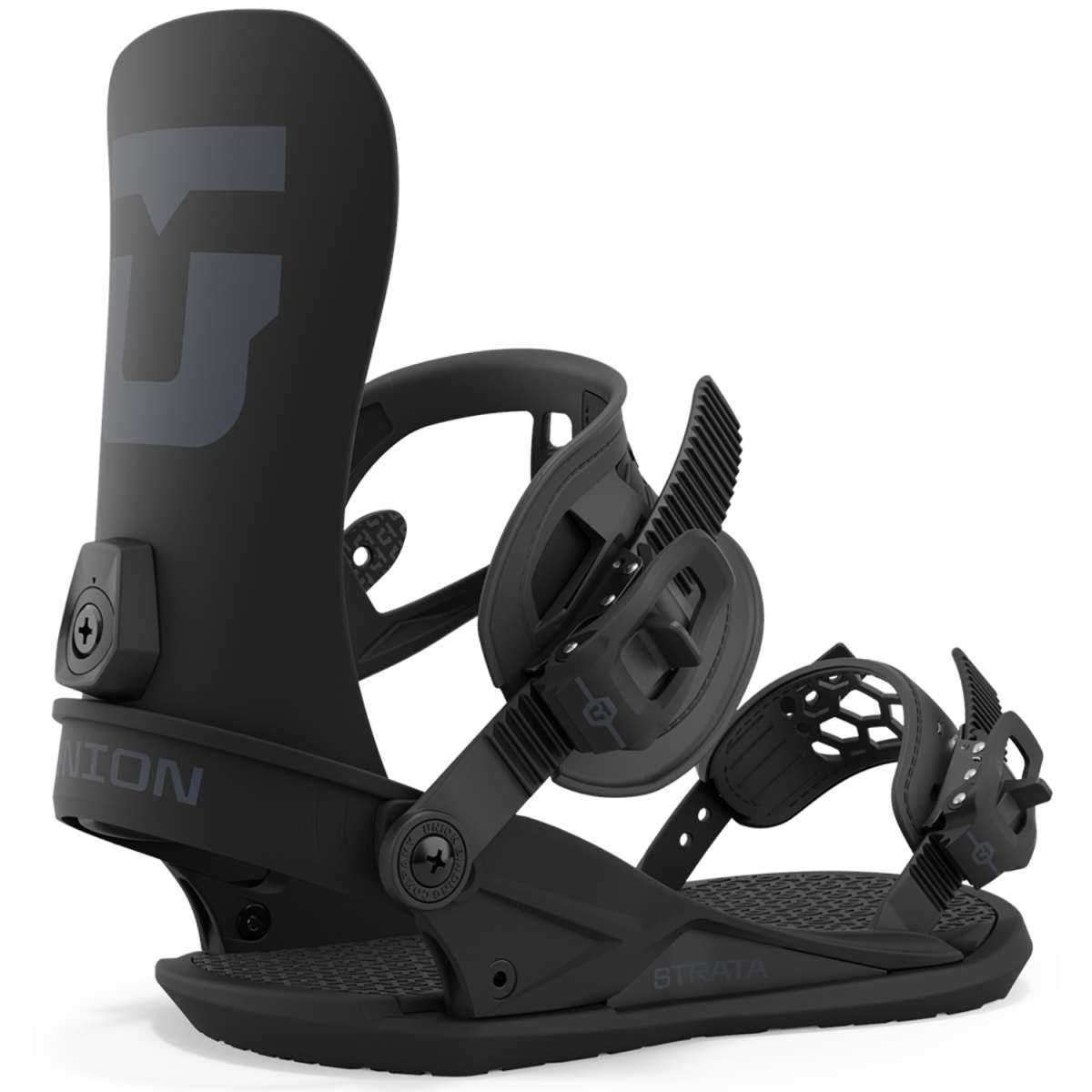 Union Strata Snowboard Binding 2024 - A black snowboard binding with a large "U" logo on top of the footbed and a small circular logo on the strap buckle.