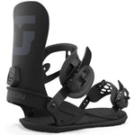 Union Strata Snowboard Binding 2024 - A black snowboard binding with a large "U" logo on top of the footbed and a small circular logo on the strap buckle.