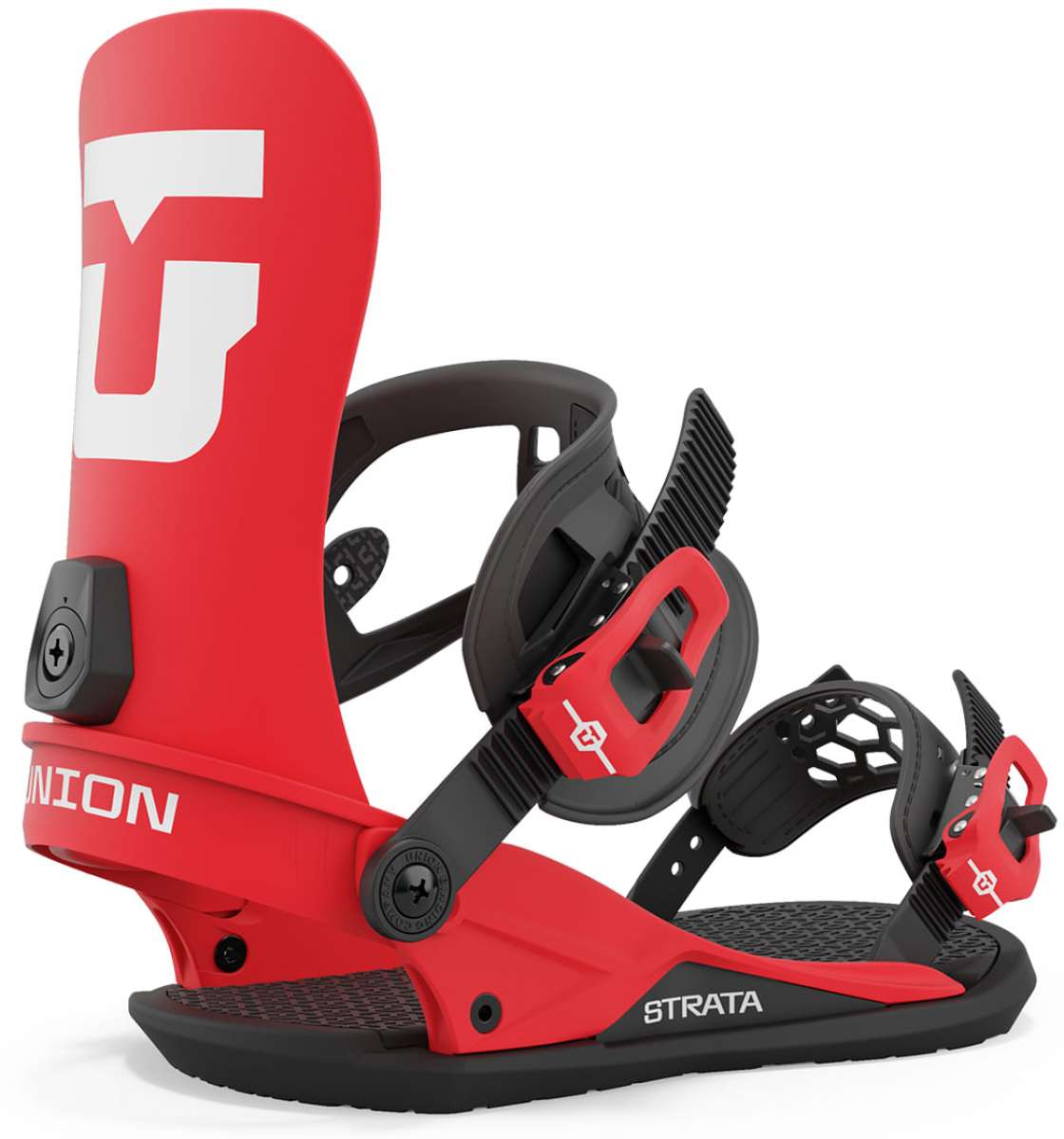 Union Strata Snowboard Binding 2024 - A red snowboard binding with a white logo on top and black buckles.