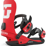 Union Strata Snowboard Binding 2024 - A red snowboard binding with a white logo on top and black buckles.