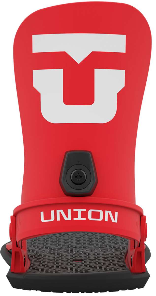 Union Strata Snowboard Binding 2024 - A red snowboard binding with a large white "U" logo on top and a black strap buckle in the middle.