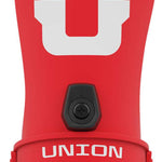 Union Strata Snowboard Binding 2024 - A red snowboard binding with a large white "U" logo on top and a black strap buckle in the middle.