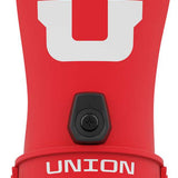 Union Strata Snowboard Binding 2024 - A red snowboard binding with a large white "U" logo on top and a black strap buckle in the middle.