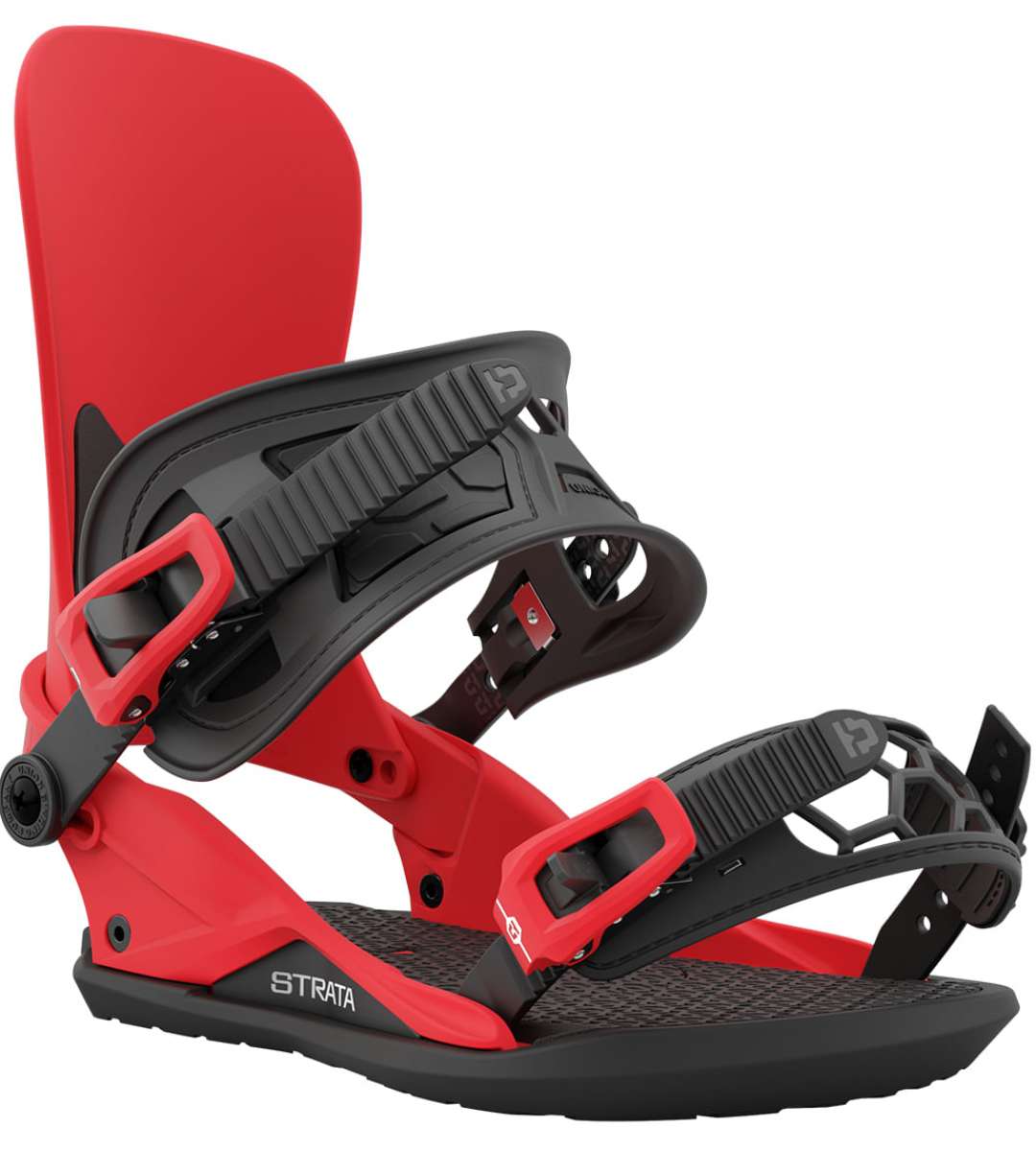 Union Strata Snowboard Binding 2024 - A black snowboard binding with a red strap and buckle, featuring a sleek design on a white background.
