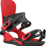 Union Strata Snowboard Binding 2024 - A black snowboard binding with a red strap and buckle, featuring a sleek design on a white background.