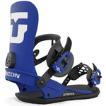 Union Strata Snowboard Binding 2024 - A blue snowboard binding with a white logo on top and black buckles.