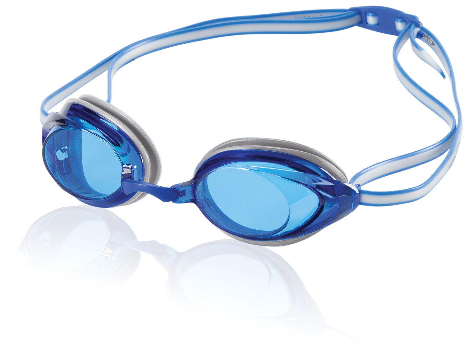 Speedo Vanquisher 2.0 Swim Goggle - Blue swim goggles with dark blue ear straps and a clear lens.