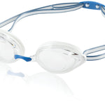 Speedo Vanquisher 2.0 Swim Goggle - Clear swim goggles with blue nose bridge and strap.