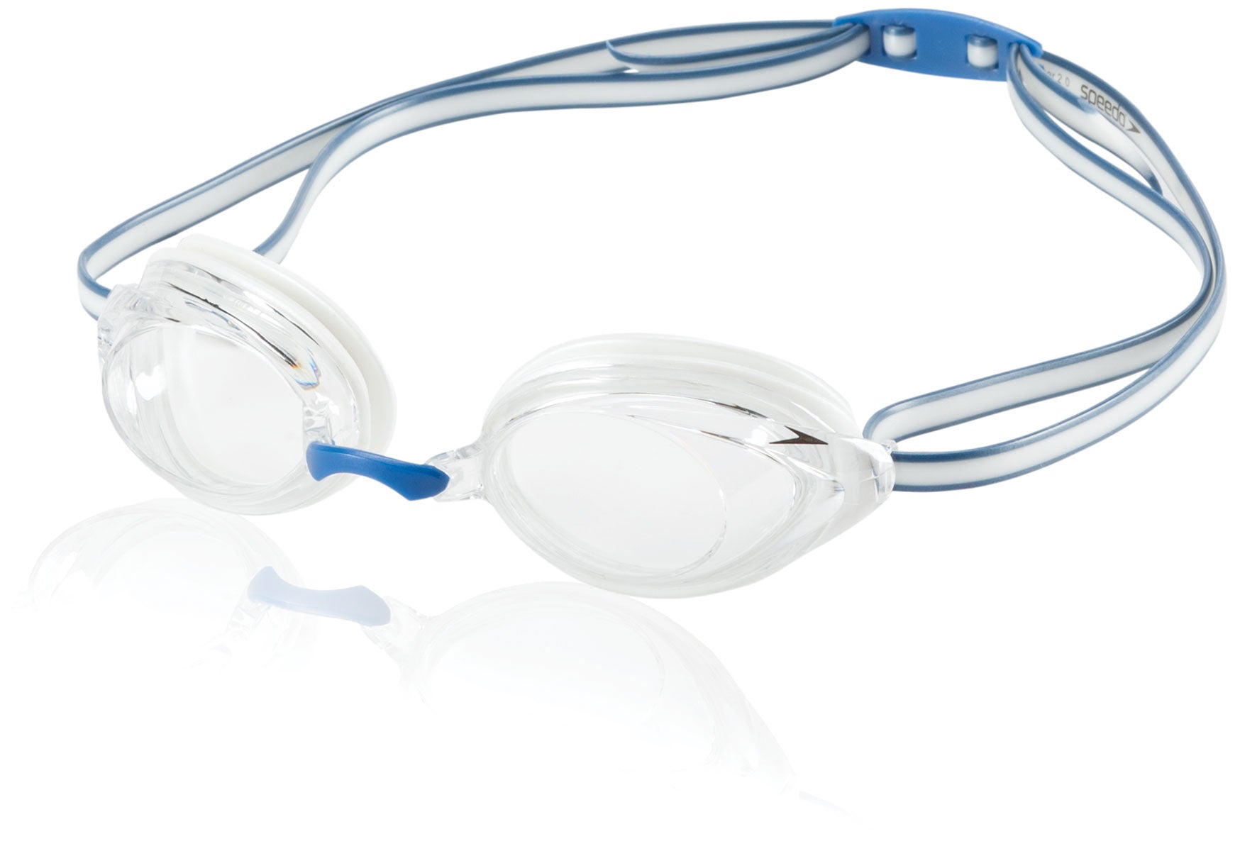 Speedo Vanquisher 2.0 Swim Goggle - Clear swim goggles with blue nose bridge and strap.