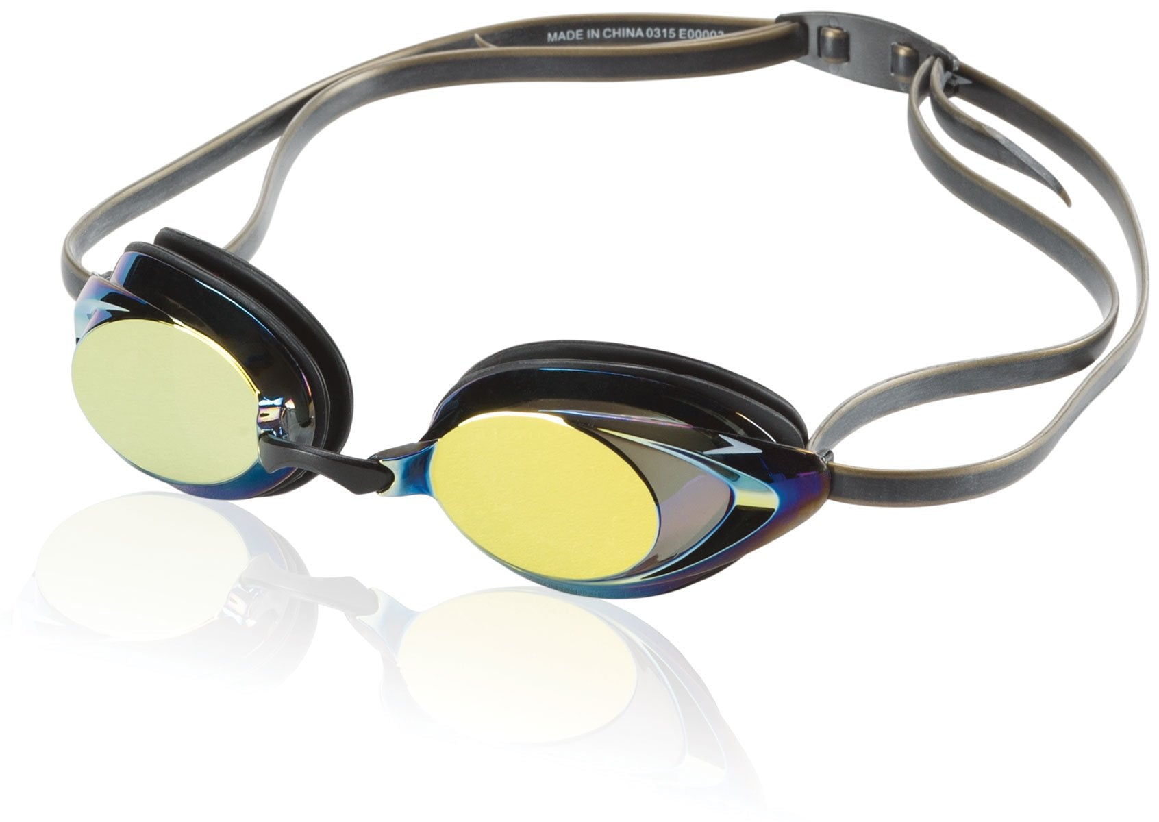 Speedo Vanquisher 2.0 Mirrored Swim Goggle - A pair of mirrored swim goggles with a sleek black frame and yellow lenses.